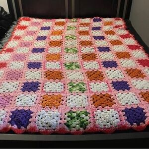 Handmade Crochet Granny Square Blanket in Pink , multicolor